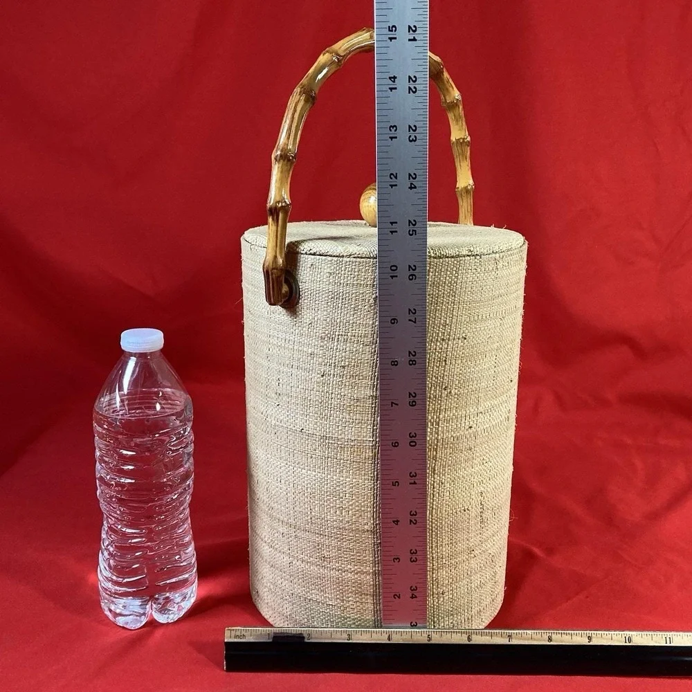 Vintage 1970's  Ice Bucket / Grass Cloth with Faux Bamboo Handle / No Tongs